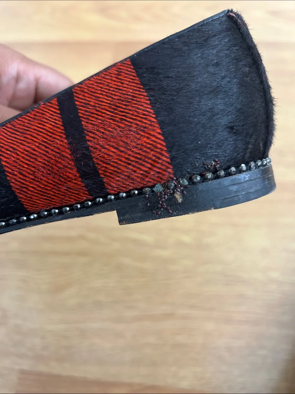 Coach Red and Black Plaid Pointed Toe Reeves Plaid Calf Hair Flats